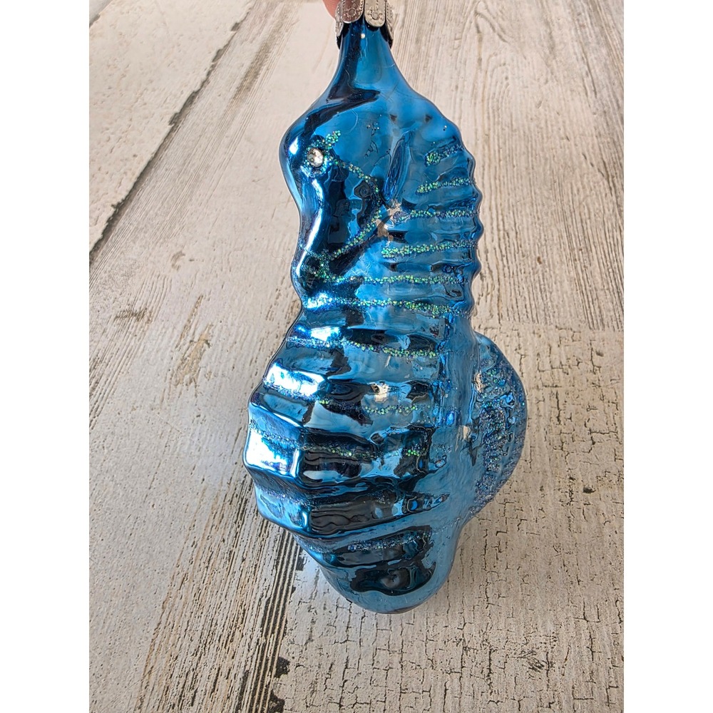 Vintage glass seahorse glitter nautical ornament Xmas glitter tree blue